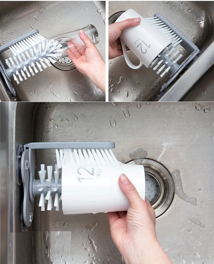 2 In 1 Plastic Cup Scrubber Cleaning Brush With Suction Base Glass