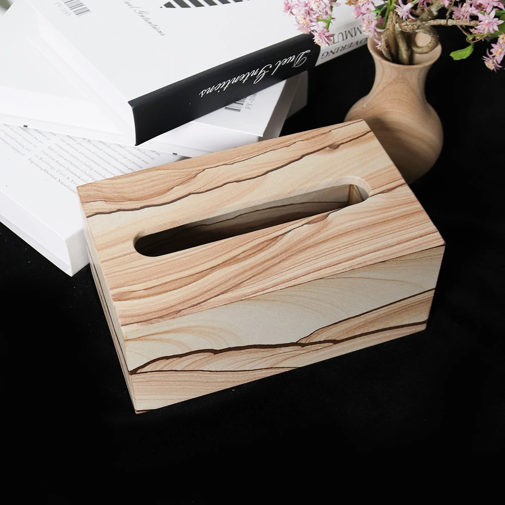 Custom Beige Natural Sandstone Tissue Box Handmade Rectangular Eco-friendly Durable Storage Box for Home Office Tea Table Decor