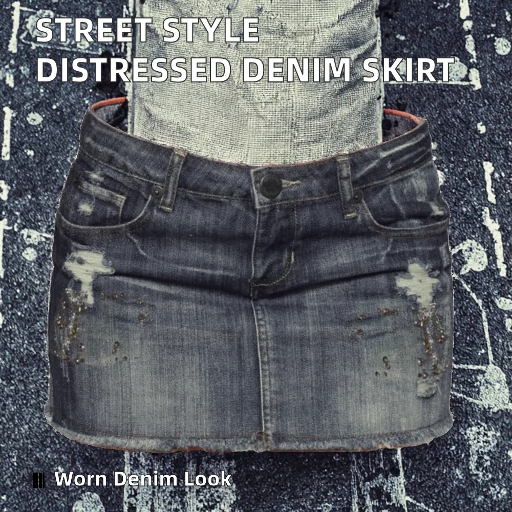 American Street Style Distressed Washed Denim Skirt Sexy Regular Waist Bodycon Skirt New Short Summer Y2K Cargo