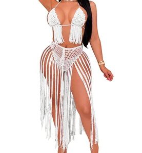 Vacation Outfits Plus Size Two-Piece Print Sexy Bohemian Women Beach Cover-Up Fringed Crochet Swimsuit with Tassel High Waist