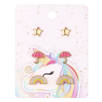 JOJO 3pcs/set Custom Design Enamel Cartoon Rainbow Gold Cute Crystal Stud Earring Set For Kids Children