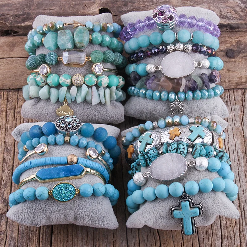 Handmade Alloy Cross Bangle Big Druzy Chip Stone Bracelet Natural Stone  Turquoise Stack Beaded Bracelet Set Western Jewelry