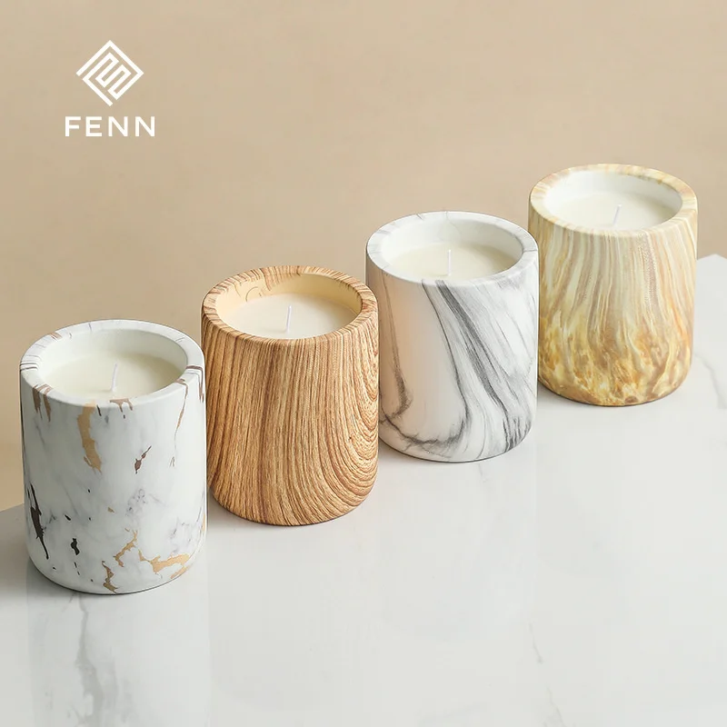 product fenn simple wood grain aromatherapy empty ceramic marble candle jar fragrance round colorful marble candle vessel jar wedding-60