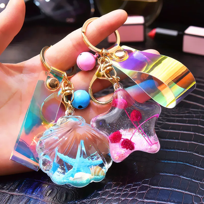 Creative Quicksand Glitter Acrylic in Oil Starfish Shell Keychain 