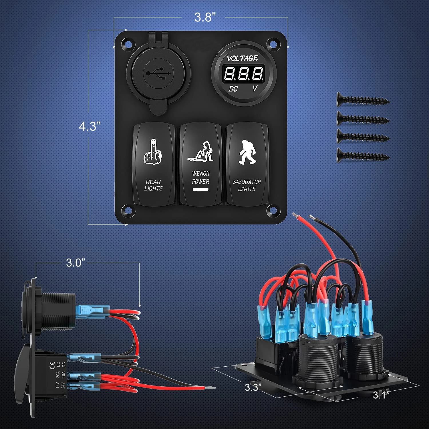 Pannello Interruttori A Bilanciere 5 Gang Con Voltmetro LED E USB - Per Camper, Moto, Barca 12V-24V - 4