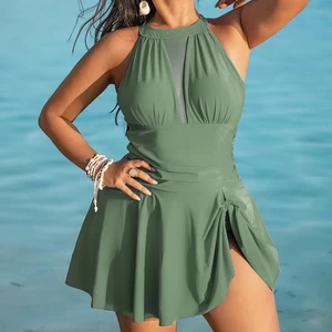 Plus Size One-Piece Swimsuit for Women XXXXL Solid Color Halter Neck Skirt Bottom Eco-Friendly Beach Swimwear