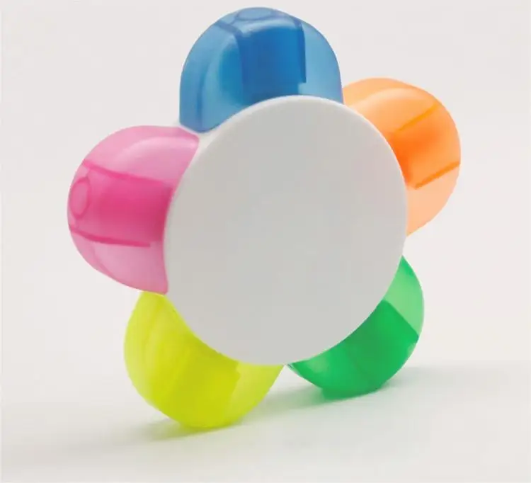 Custom Logo Multi-Color Flower-Shaped 5-in-1 Fluorescent Pen Set Oblique Brush Tip Loose Markers Promotional Highlighters