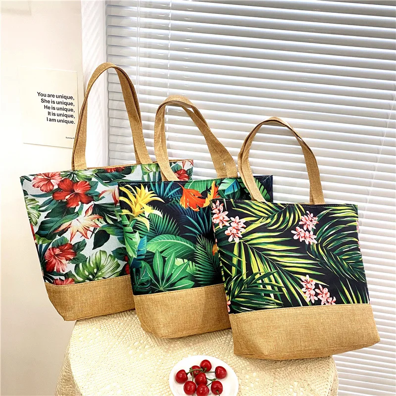 Linen Bottom Fruit Print Rope Handle Summer Tote Canvas Beach Hand Bag