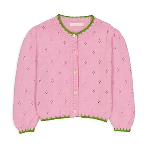 Custom Organic Cotton Girls Cardigan Long Sleeve Summer Knit with Pointelle Pattern and Contrast Green Trim