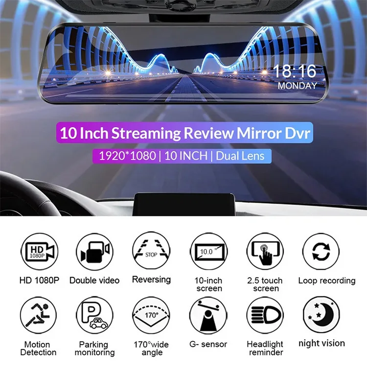 10 Inch Touch Screen Car Mirror Dual Lens Night Vision Driving Recorder ...