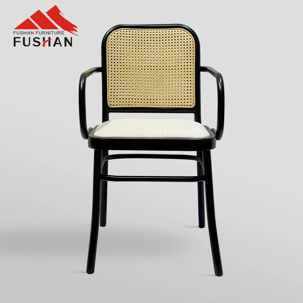 Modern Style Woven Rattan Back Black Metal Frame Cafe Armrest Back Dining Chair
