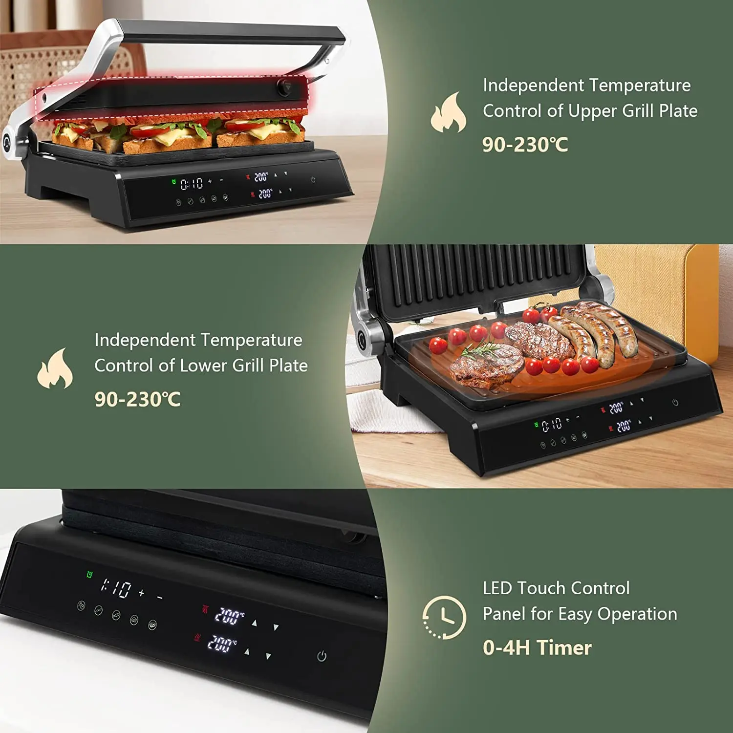 Electric Grill with Digital Control Sandwich Press Panini Maker Sandwich Toaster 3 in 1 Contact Grill Toaster Indoor Grill