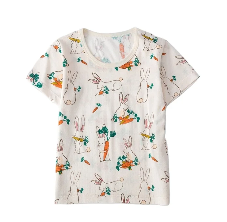 Супермягкая футболка с коротким рукавом для малышей из 100% бамбукового волокна с круглым вырезом и принтом на пуговицах