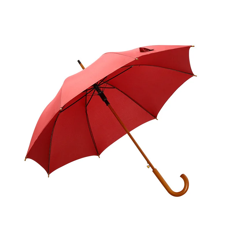 8-Rib Wooden Shaft Golf Umbrella Semi-Automatic Business Gift Advertising Custom Logo Engraved Bent Handle Long Handle Stock