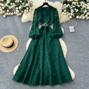 Women's Vintage Summer Fashion Dress Casual Midi Style with Empire Hollow Out Lace Anti-Static Woven Puff Sleeves