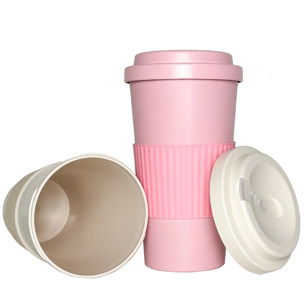 Large Volume 20oz Recycle Bamboo Fiber Coffee Water Cup Tumbler Screwed Lid Two Ways of Drinking Silicone Band Heat-insulated