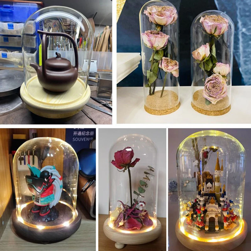 Популярные товары простой стиль вечный цветок цилиндрическая стеклянная крышка с цельной деревянной основой
