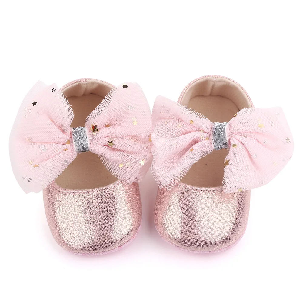 Mesh Big Bow Star Embellished Solid Color Sparkly Bright Baby Girls Princess Walking Shoes factory