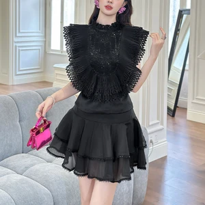 ZYHT 91621 Women's Black Embellished Blouse Crew Neck Vintage Woven Summer for Daily Life