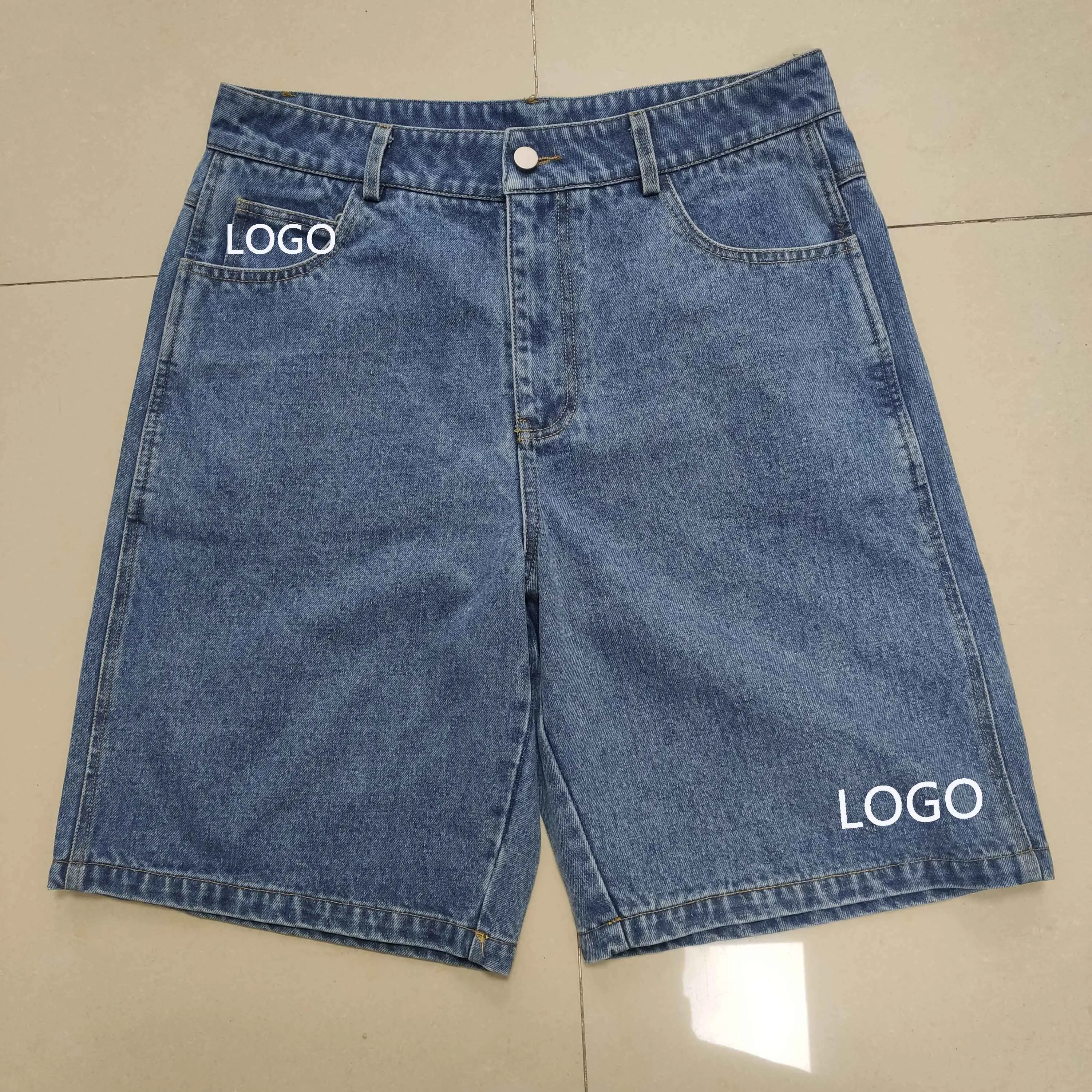 Embroidery Customized Sample Stone Washed Wide Balloon Leg Denim Shorts Baggy Fit Distressing Fade Denim Jorts Men