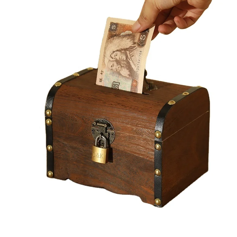 Деревянная деревянная копилка для детей Копилка деревянный сундук с сокровищами замком винтажная денег