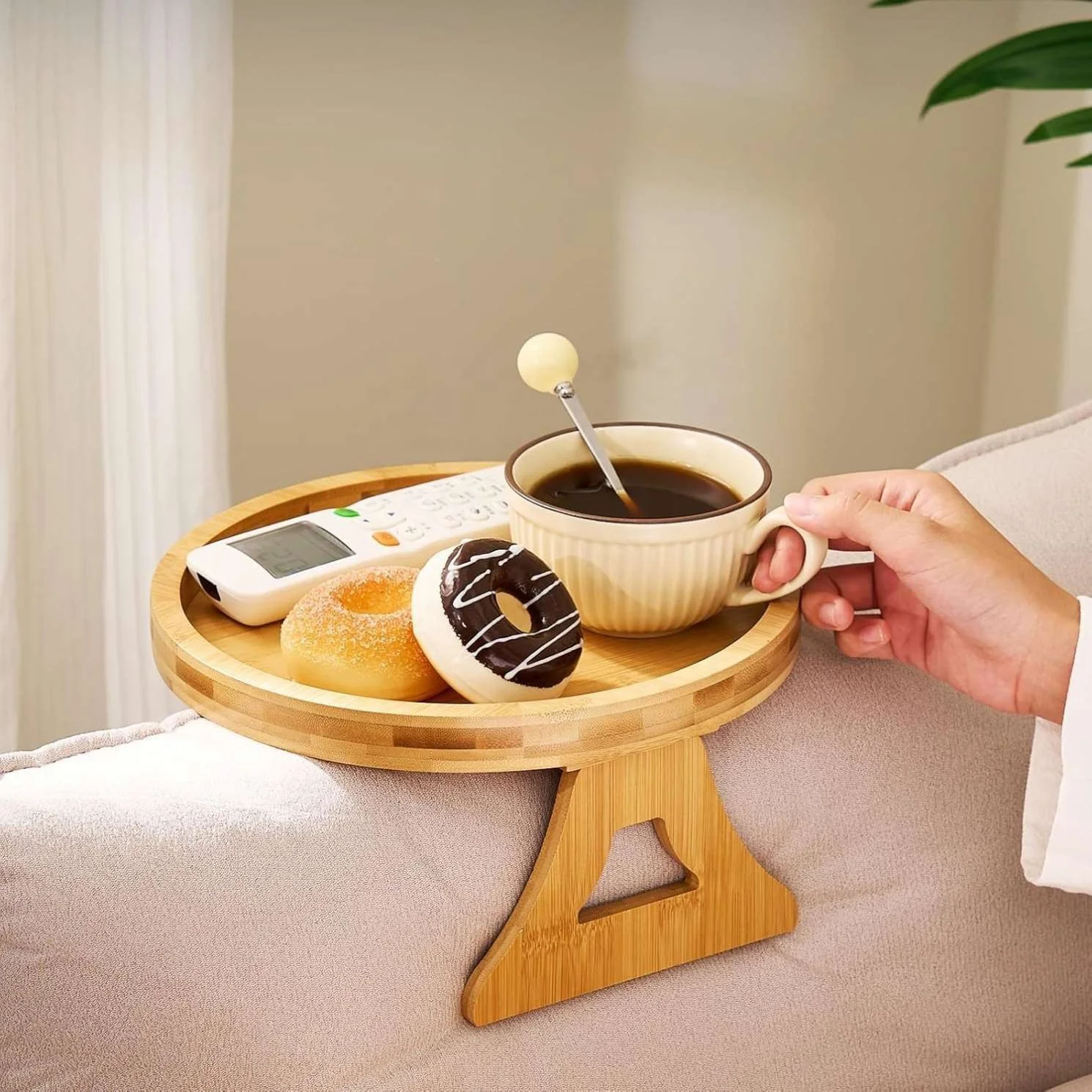 Factory Wholesale Bamboo Sofa Arm Rest Tray Couch Cup Holder Table with Cup Coaster Storage Trays