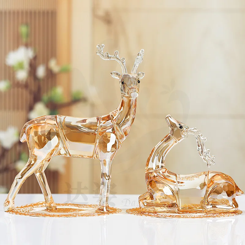 Champagne Color Crystal Glass Model Deer Figurine Home Decoration Glass Ornament for Living Room Gift
