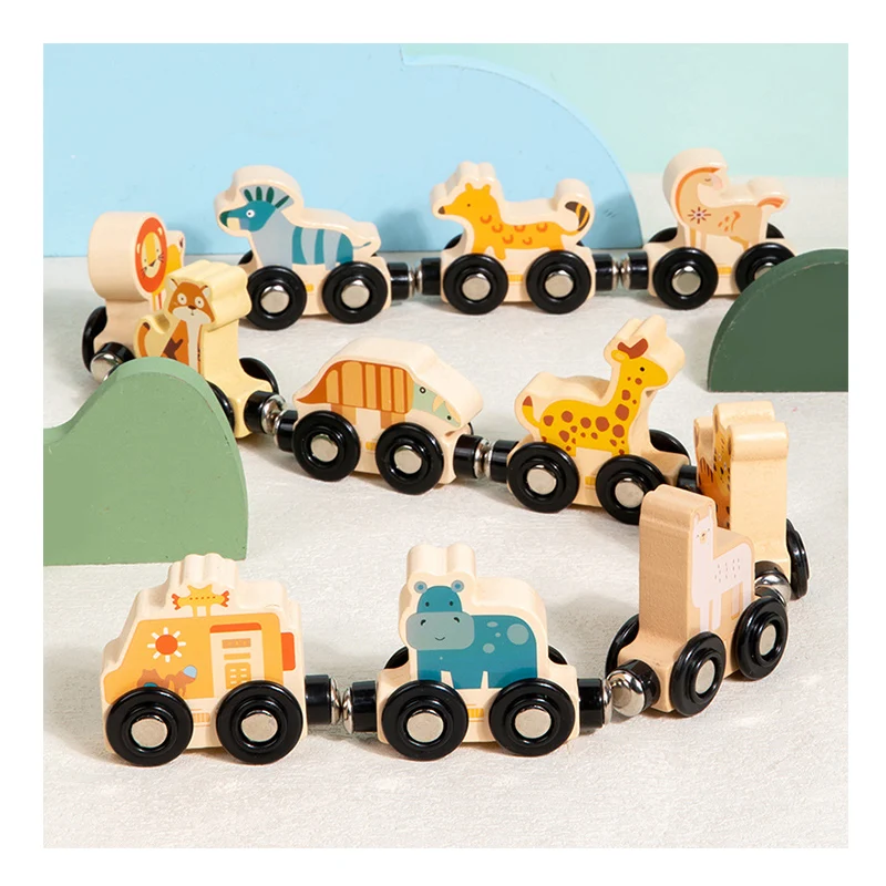 Montessori Educational Toy Cars 11pc Wooden Magnetic Train Set with Animal and Digital Car Designs for Toddlers