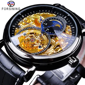 Forsining Luxury White Gold Display Brown Leather Moonphase Fashion Blue Hand Waterproof Men Automatic Mechanical Watch