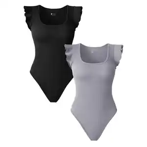Women's Basic Tank Tops Bodysuits Sexy Ribbed Ruffles Square Neck Short Sleeves Sports Jumpsuit