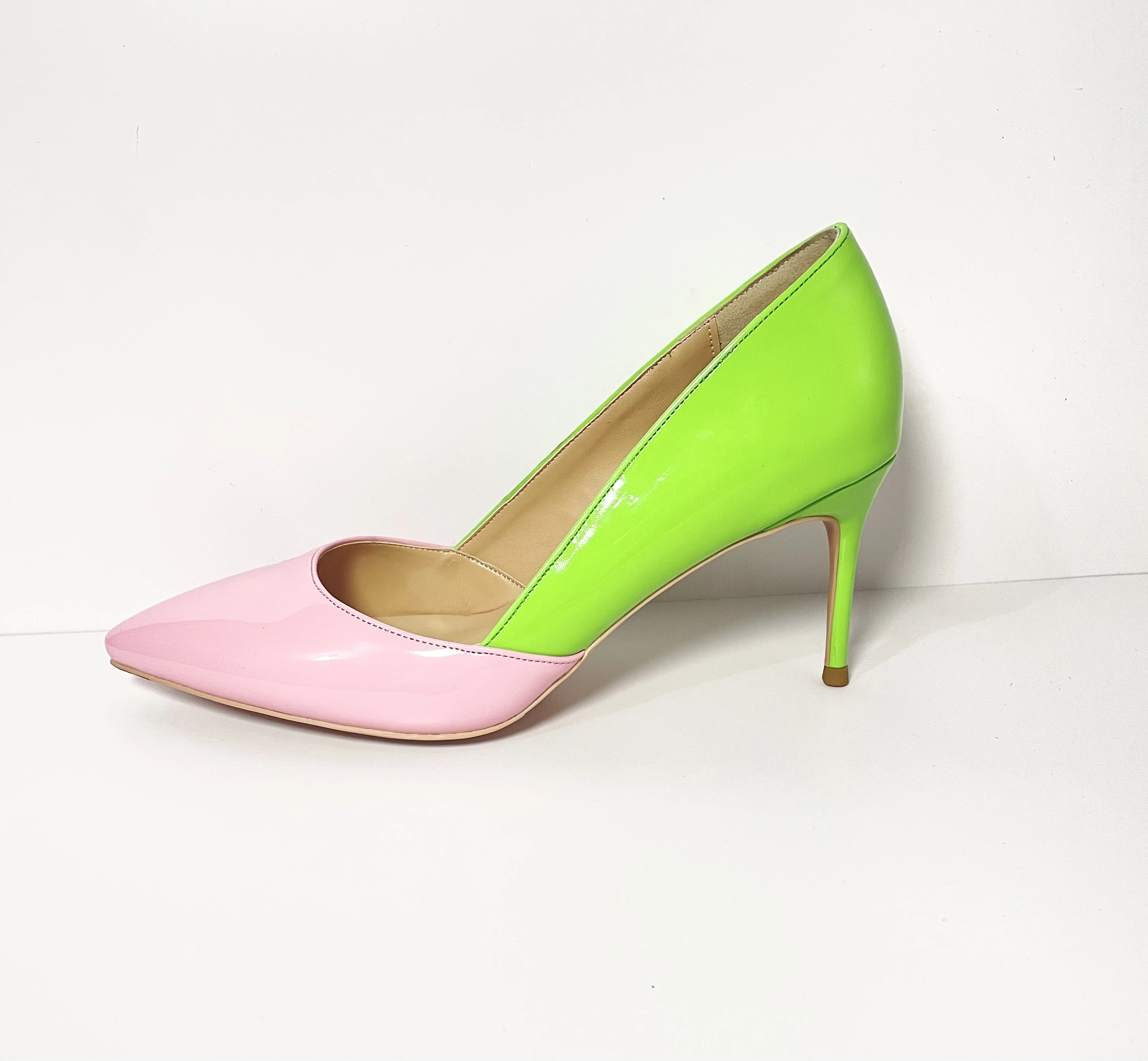 Patent Leather Pink &green Mixed Color High Heel Pumps Ladies Pointed Toe Luxury Women Thin Heel Pumps - Image 2