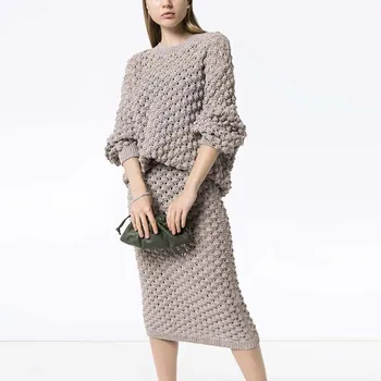 Fall/Autumn/Winter Suit thick knitted style oversized jumper and ribbed mid-length straight hem knit skirt 2 piece set