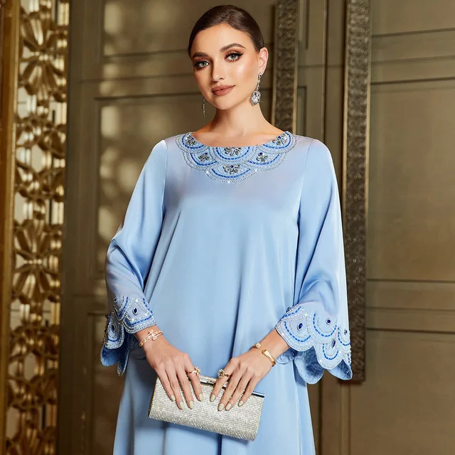 Sky blue fashion elegant office ladies collection formal evening dress Islamic women wedding dresses