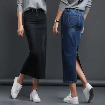 Classic Denim Skirt Women 2021 Long Jean Skirt High Waist Pencil Skirt Ladies Stretch Black Blue Faldas Largas Jupe Longue Femme