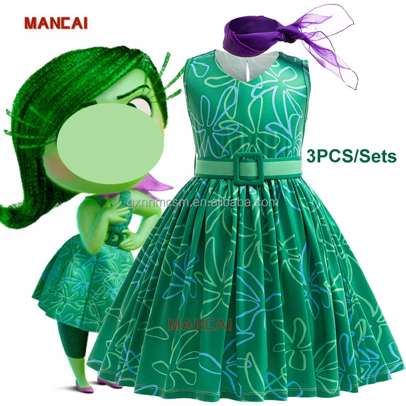 Halloween Cosplay Stage Performance Girl Dress Movie Inside Out 2 Kids  Disgust Costume Green Fancy Dress With Belt Scarves