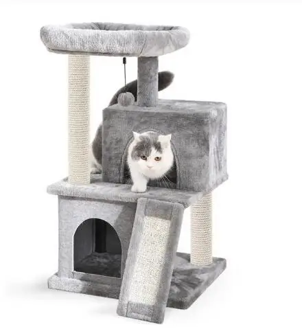 Eco-Friendly Wooden House Tower Scratcher Big Climbing Cats Tree Sisal Pets Toy Carton Packed Play Feature