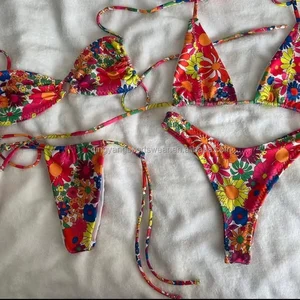 2023 Printed Fabric Custom Logo Color Women's Halter Thongs 2 Piece Set Sexy Bikini Swimwear Quick Dry Anti-Uv