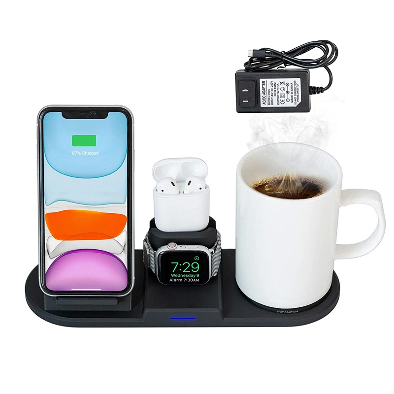 4 In 1 Wireless Charging Stand Dock Station Coffee Home Office Desk Cup Heater Coffee Mug Warmer