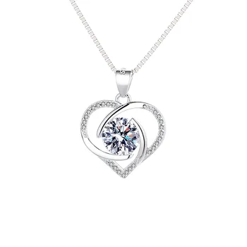 Women's Fashion S925 Sterling Silver Diamond Ocean Heart Pendant Necklace with Snake Bone Chain