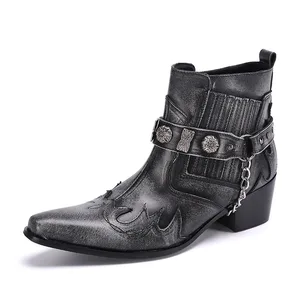 Hot Selling RTS Low Moq Luxury  Unisex  Handmade Men Moto Boots Dark Grey Retro martin  Boots  Cowboy Shoes Plus US13