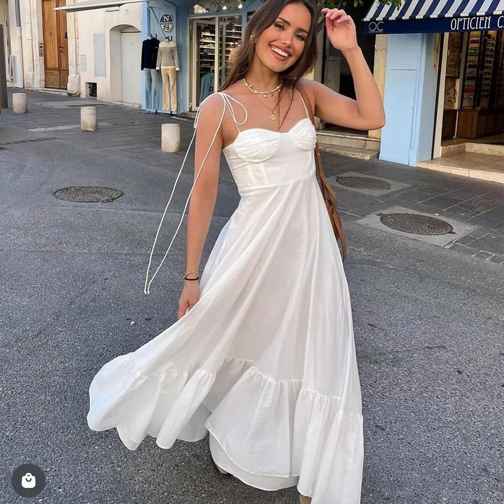 High-waist A-line Party White Dress Summer Classic Fashion Solid Elegant Women's Long Dress
