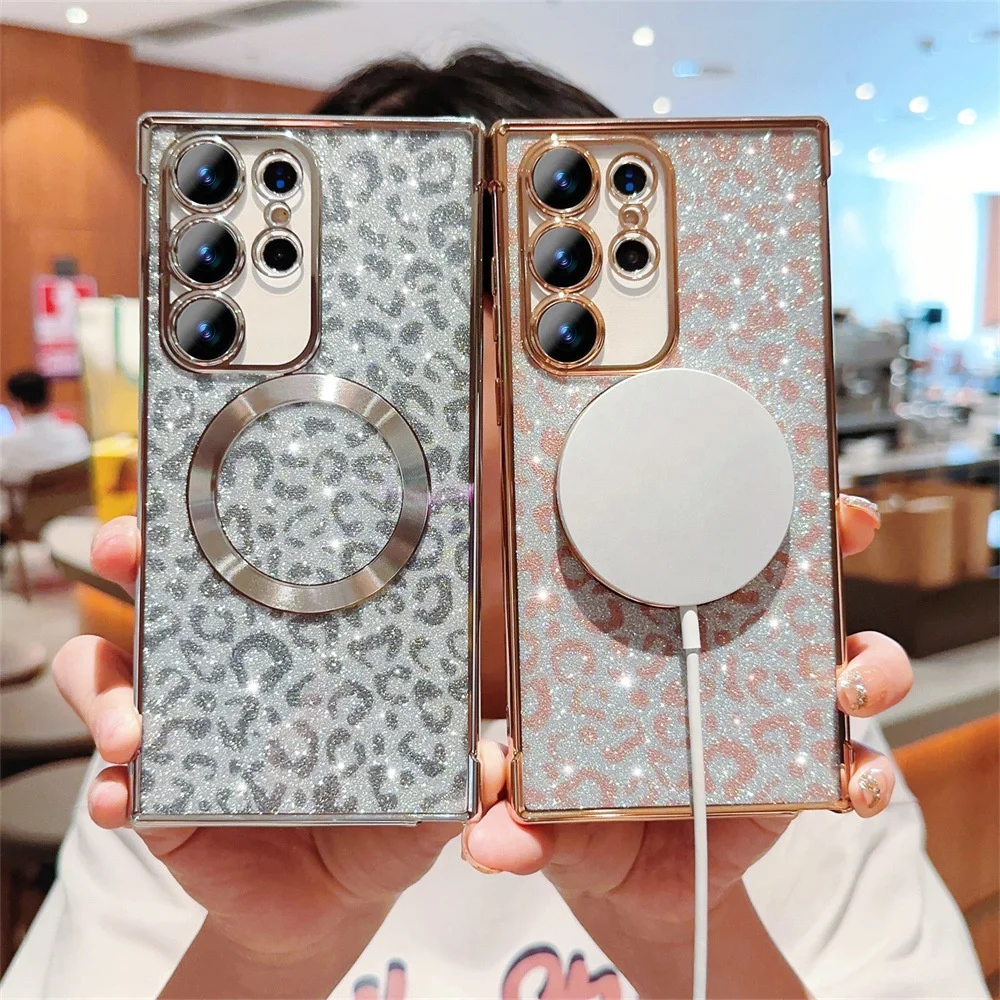 Leopard Print Phone Case For Samsung Galaxy S24+ S24 Fe S23+ S23 S22 Ultra 5G Luxury Electroplating Clear Magnetic Cover