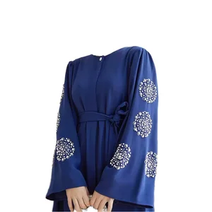 Hot Selling Elegant Modest Spring Summer Abaya Dress Women Anti-static Heavy Beading Rhinestone Long Gown Made Polyester Middle