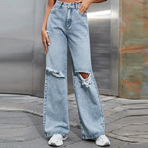 Hot Sales Regular-fitting Women's Weasted Super Regular Bottoms Plus Size Pants Distressed High-waisted With Wide Feet Jeans