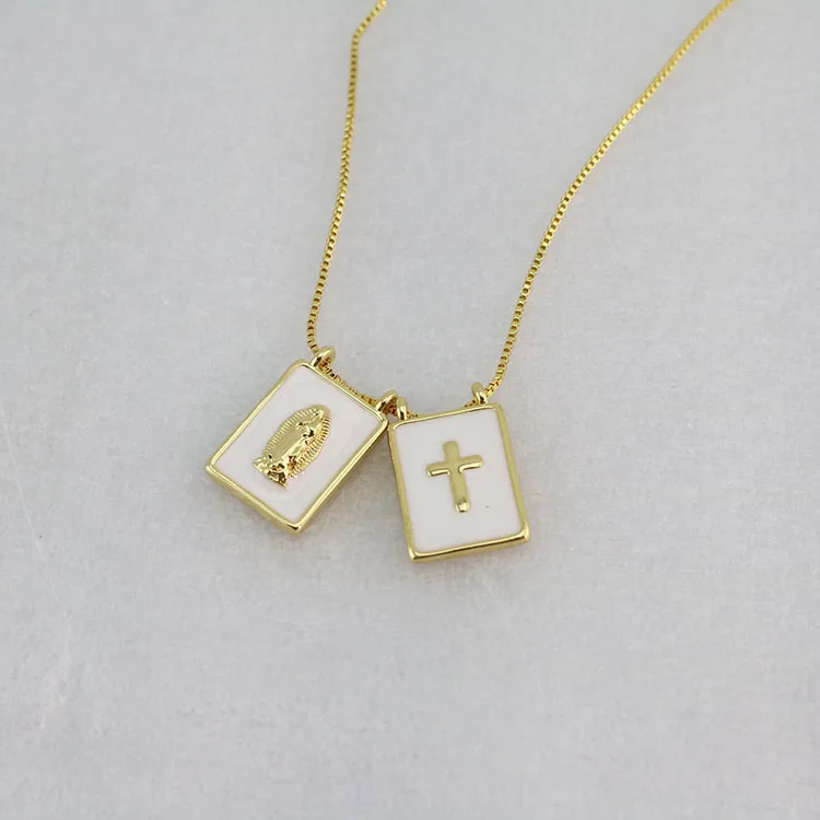 NM1287 Chic Gold Plated Double White Enamel Virgin Mary Cross