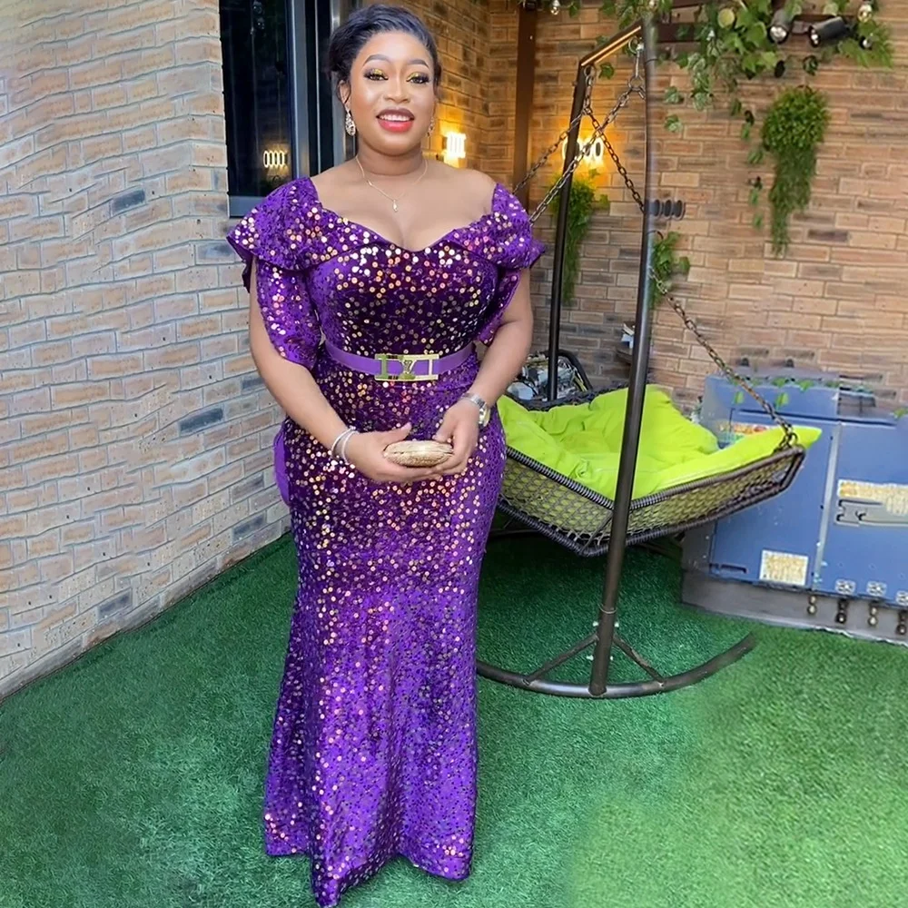 African Elegant Women Summer Bridesmaid Dress Luxury Shining Short Sleeves Gown Dresses Sequin Party Robe for Women K0166 African Elegant Women Summer Bridesmaid Dress Luxury Shining Short Sleeves Gown Dresses Sequin Party Robe for Women K0166