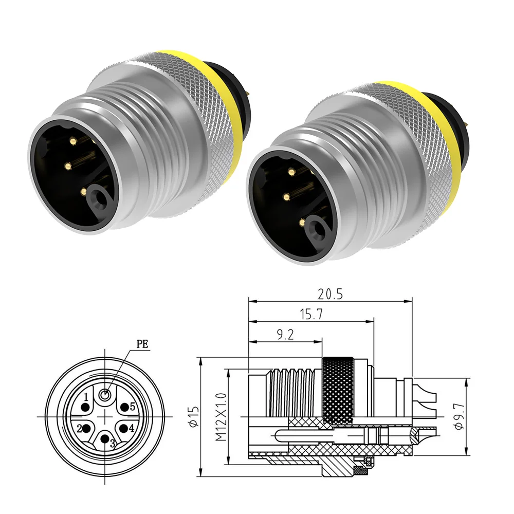 M12 5 Pin M Code Injection Molding Cable Connector Electrical Industrial Solder Moldable Male Plug IP67 Power Circular Connector