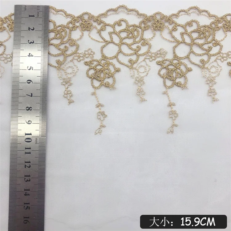Golden Fancy Bridal Bordere Embroidery Organza Lace Trim Gauze Lace Net Roll Mesh Gold Lace Trim