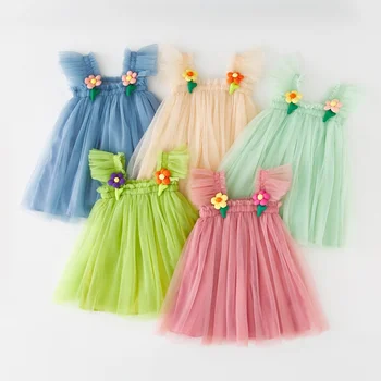 Floral layered tulle skirt Toddler Girl Baby Flower Girl Wedding Dress Princess Dress with flying sleeve ball dress