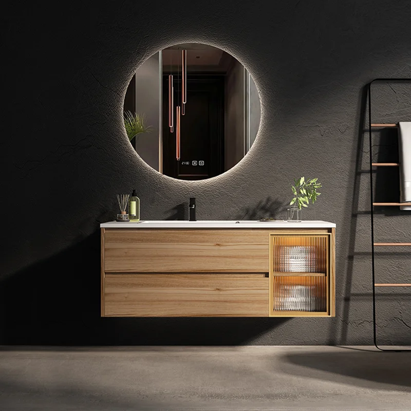 OEM Nordic Modern Log Color Round Mirror Bathroom Vanity Combination Washstand Solid Wood Bathroom Cabinet With Sink